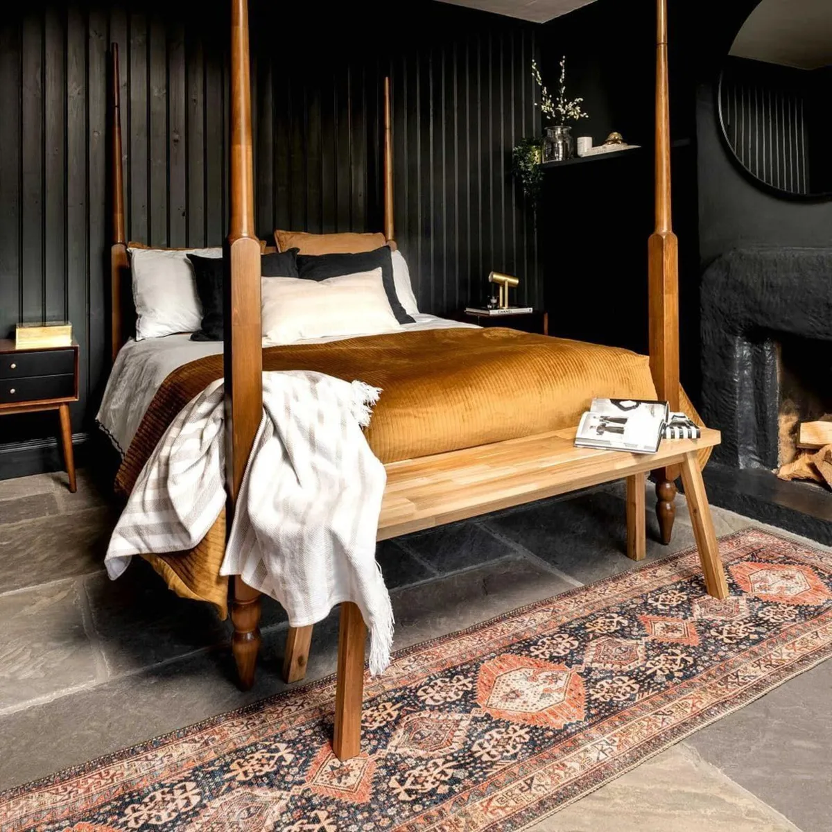 Antique Vintage Cotton Runner Rug Navy Orange - Image 1