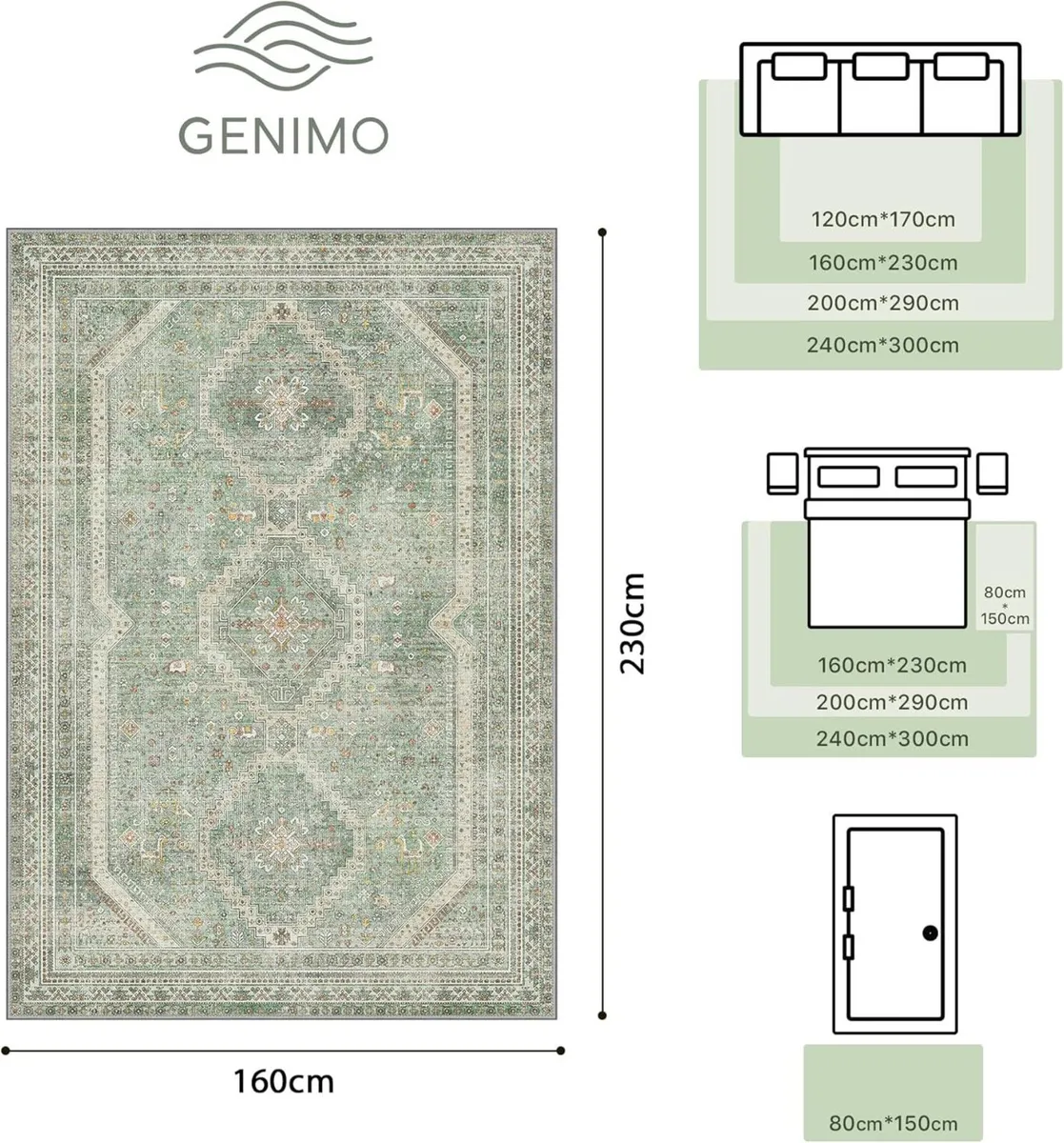 Rugs 160X230 cm Living Room Large Green Rug - Image 2