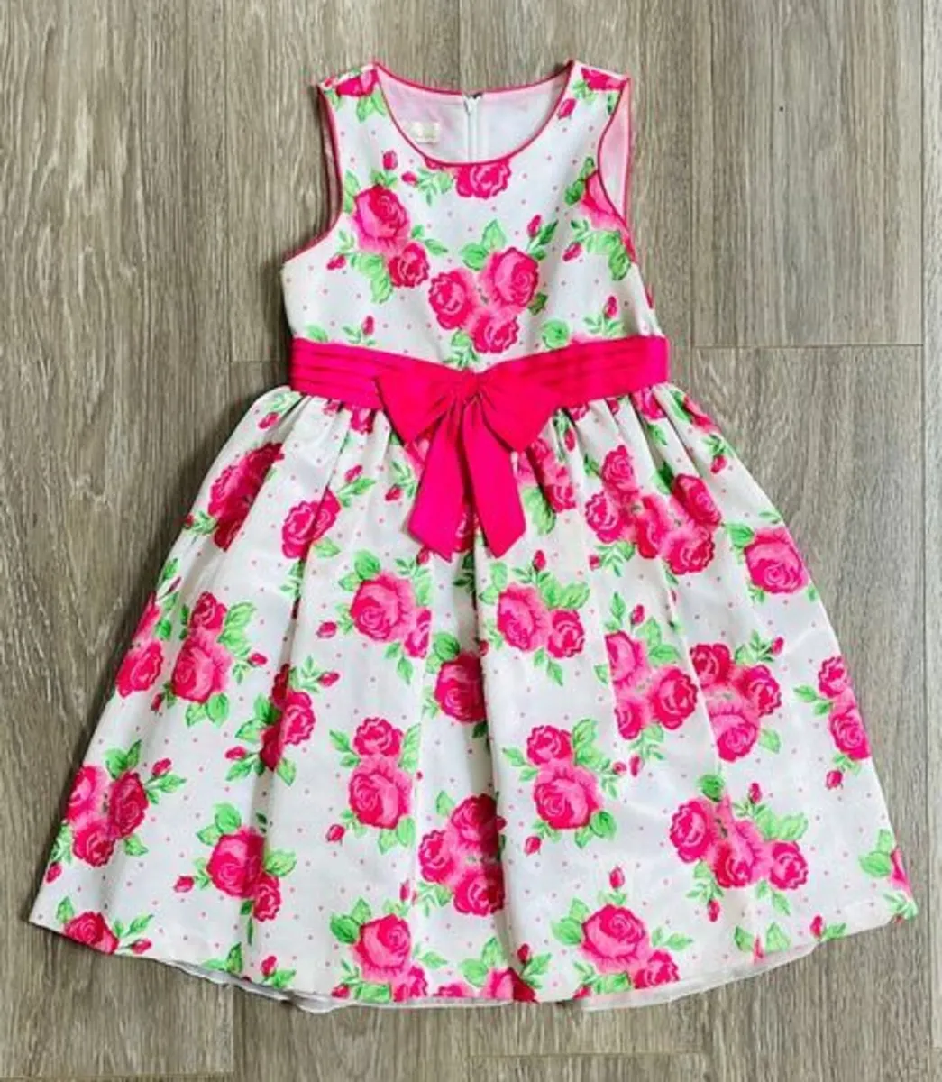 Girls Pink and White Floral Party Dress: Age 8 (7- - Image 2