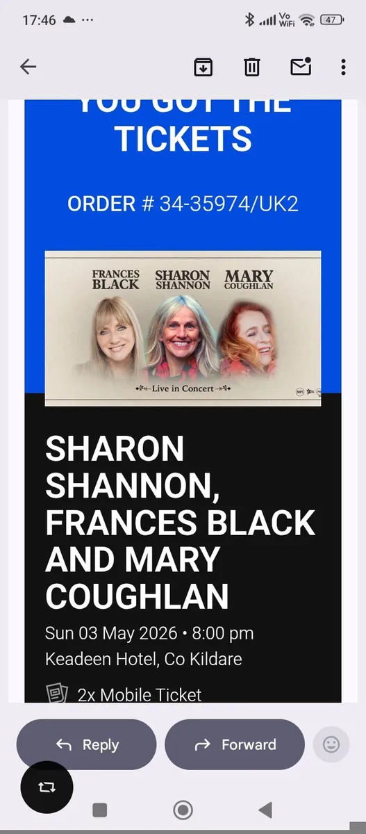Two tickets Sharon Shannon Francis black and Mary
