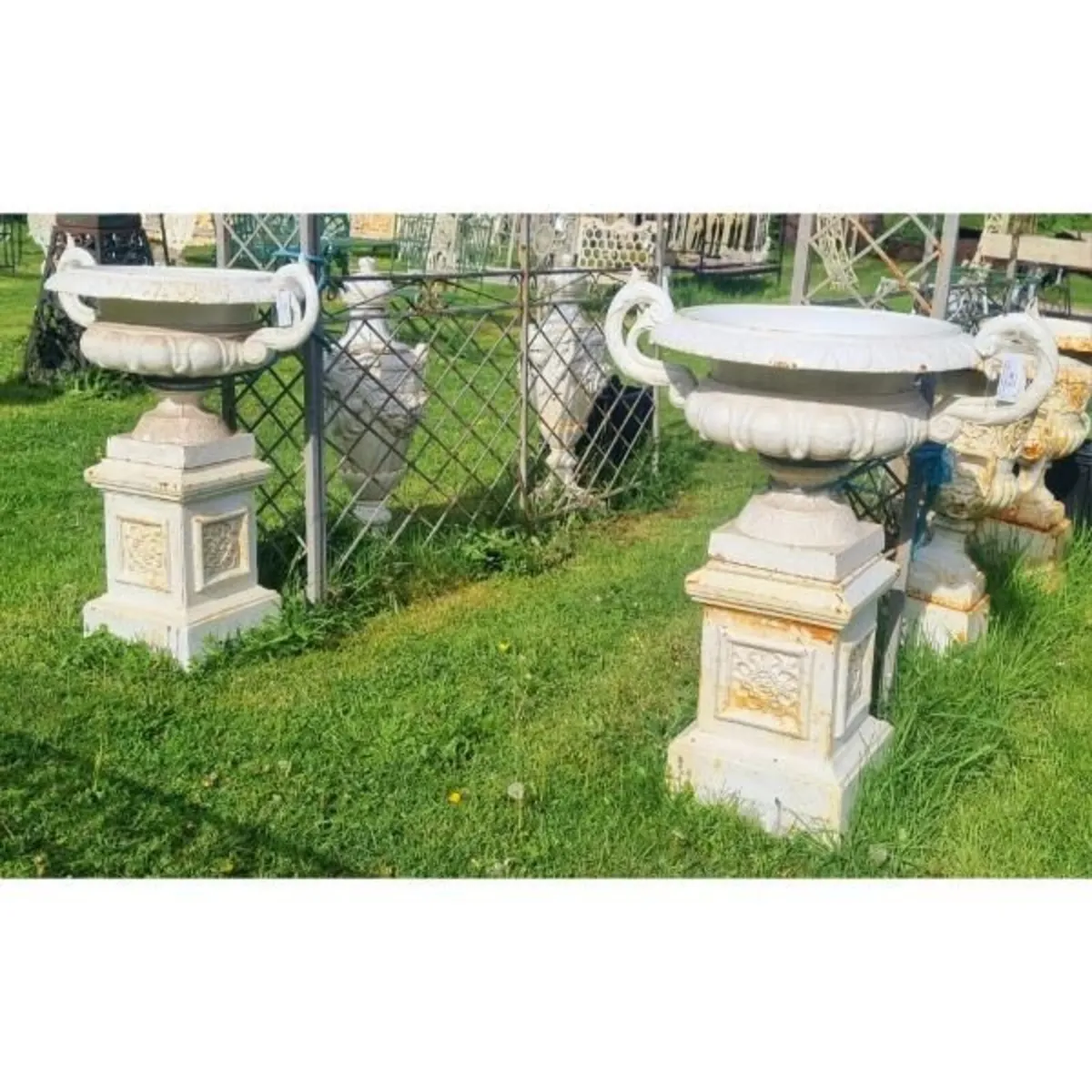 Pair of Cast Iron Urns on Pedestals H397 - Image 1