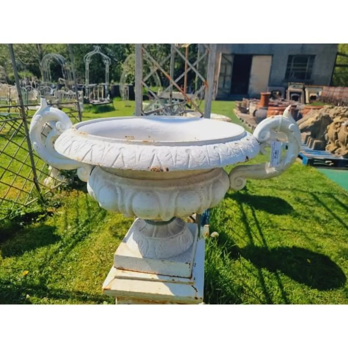 Pair of Cast Iron Urns on Pedestals H397 - Image 3