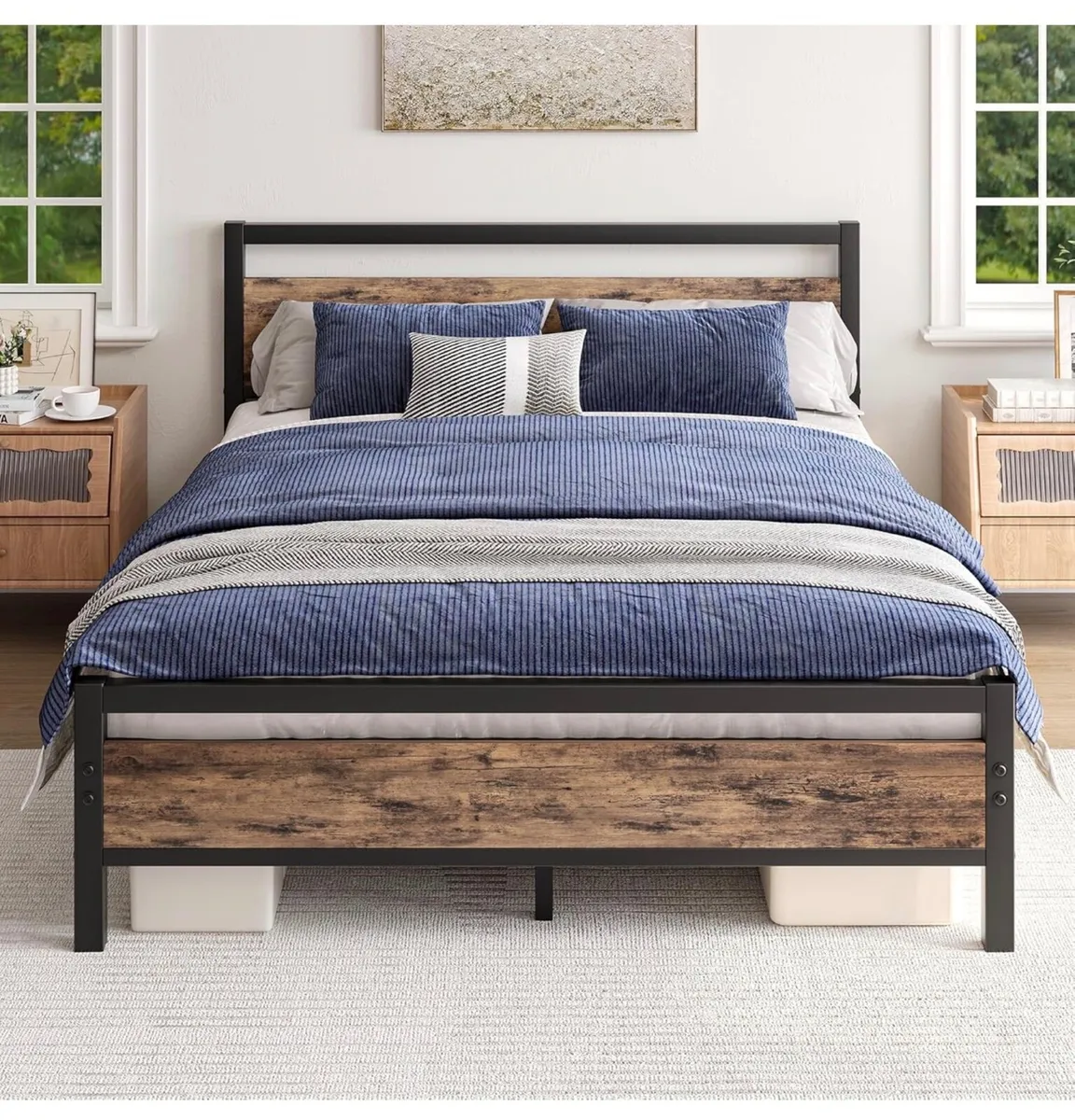 Metal Platform Bed Frame King Size with Wooden Hea - Image 1