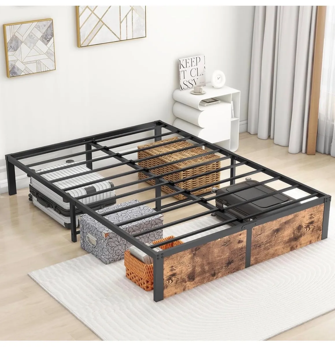 King Bed Frame with Wooden Footboard,32cm Metal Pl - Image 2