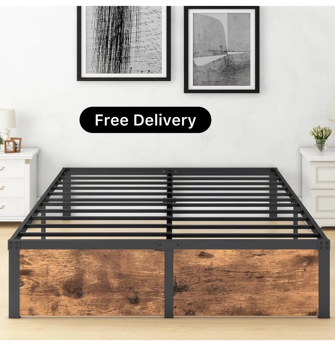 King Bed Frame with Wooden Footboard,32cm Metal Pl - Image 1