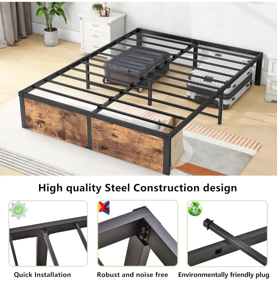 King Bed Frame with Wooden Footboard,32cm Metal Pl - Image 4
