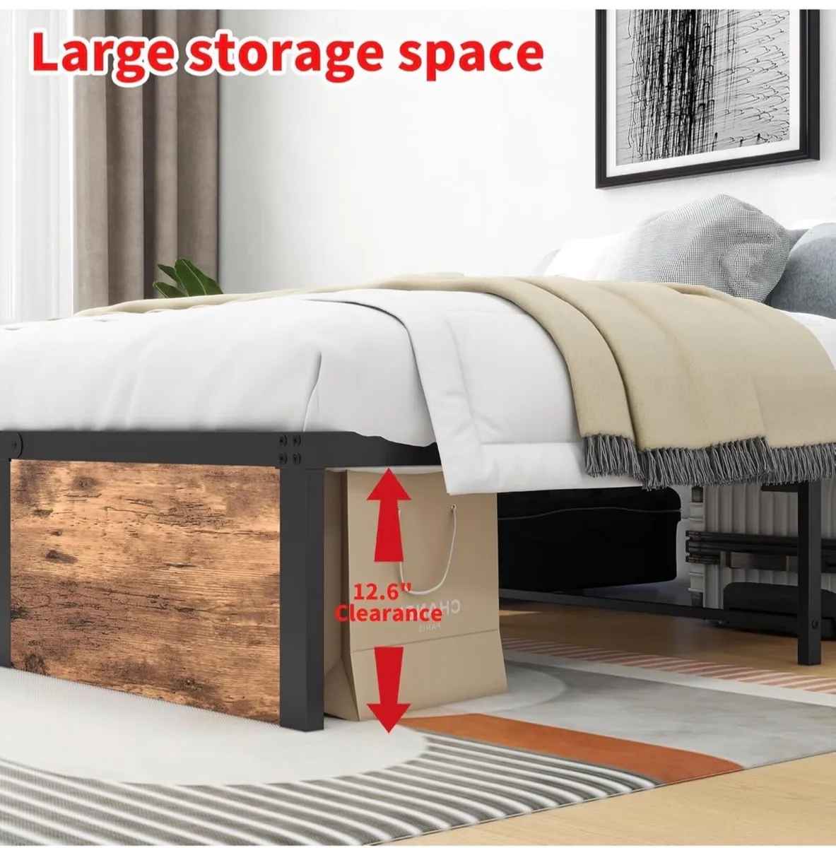 King Bed Frame with Wooden Footboard,32cm Metal Pl - Image 2