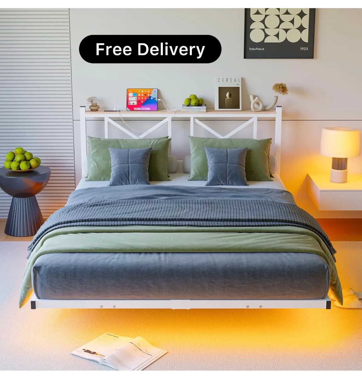 King Size Floating Bed Frame with LED Lights&Charg - Image 1