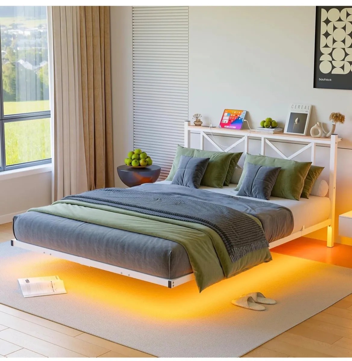 King Size Floating Bed Frame with LED Lights&Charg - Image 3