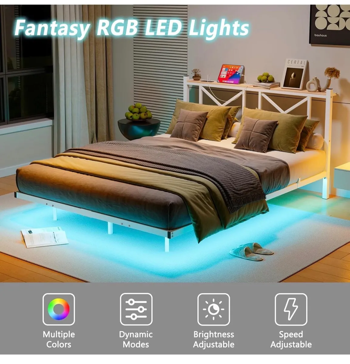 King Size Floating Bed Frame with LED Lights&Charg - Image 1