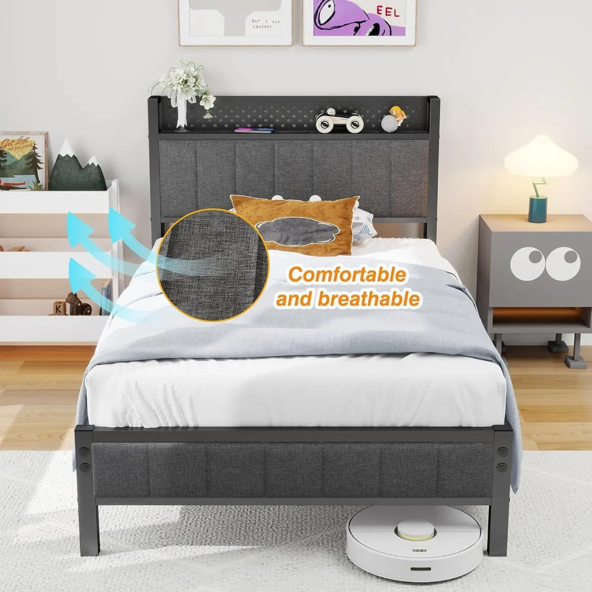 Single Bed Frame with Storage Headboard Shelf 3ft - Image 3