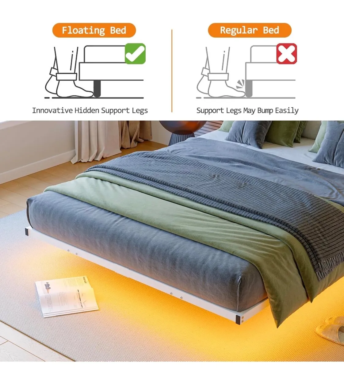 King Size Floating Bed Frame with LED Lights&Charg - Image 4