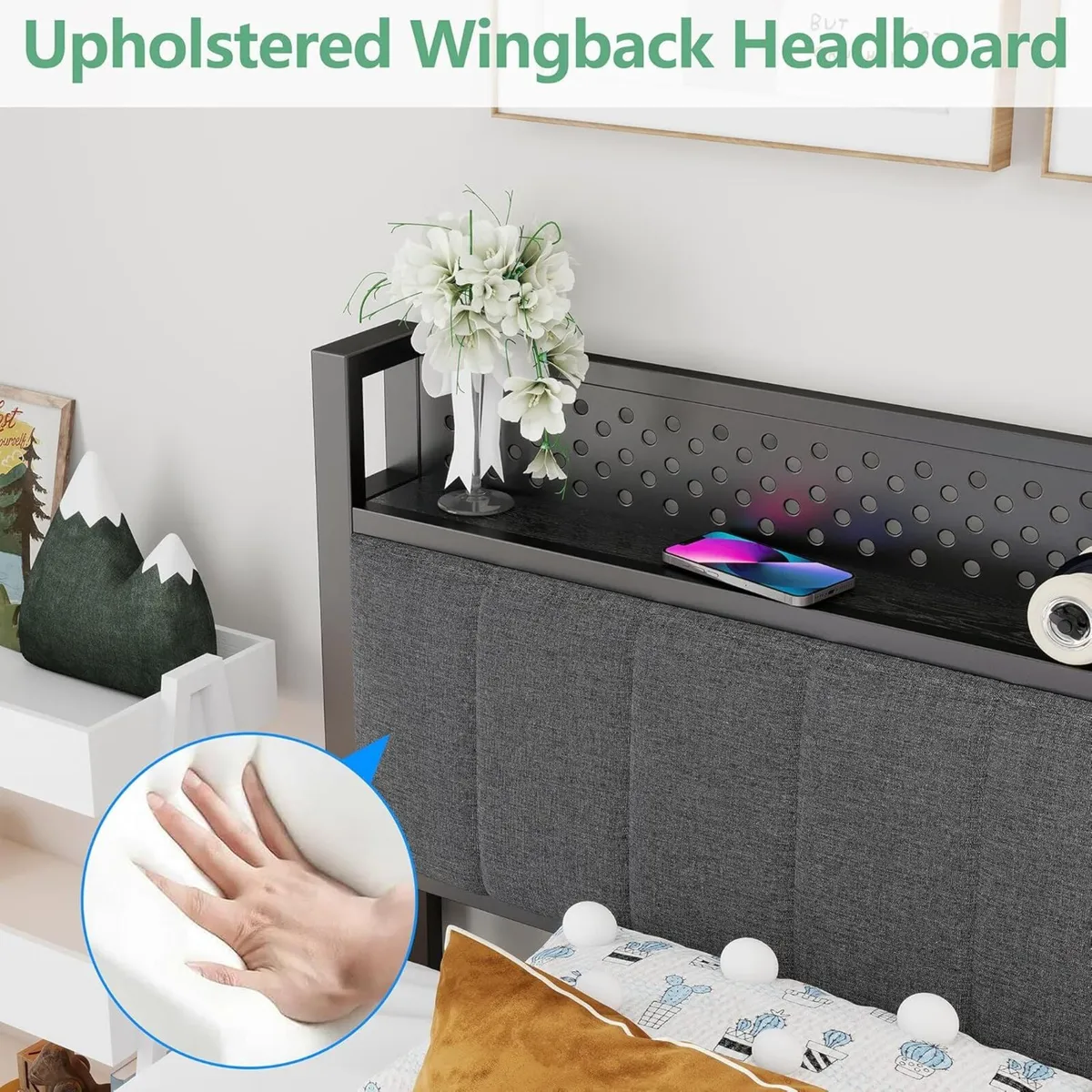 Single Bed Frame with Storage Headboard Shelf 3ft - Image 4