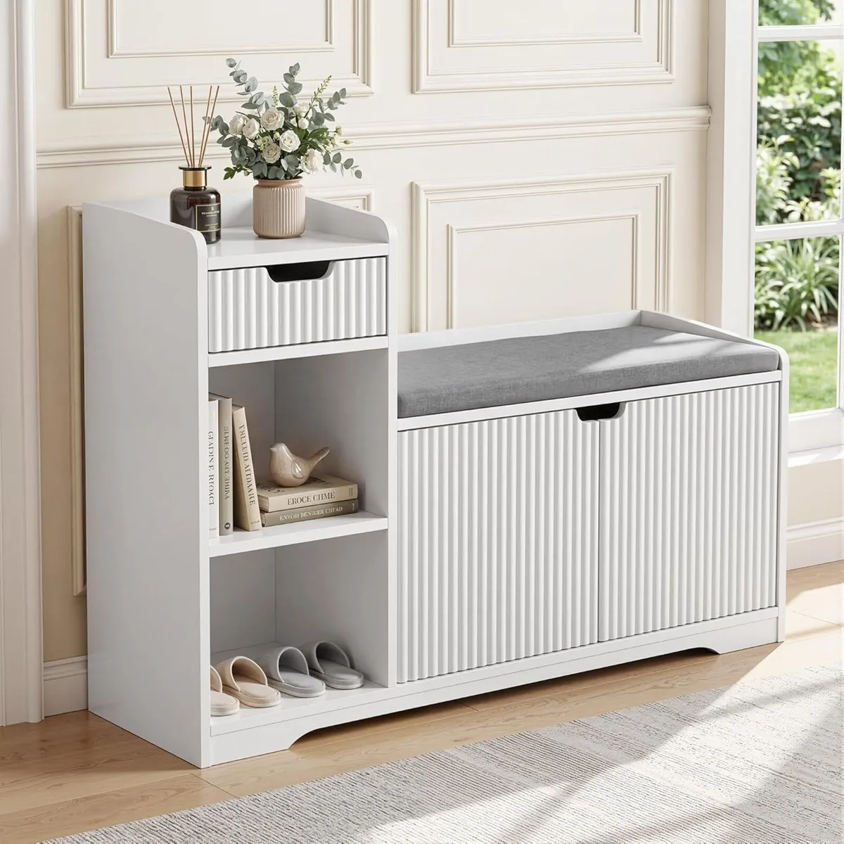 Storage Bench White Shoes Cabinet 3 Space for - Image 1