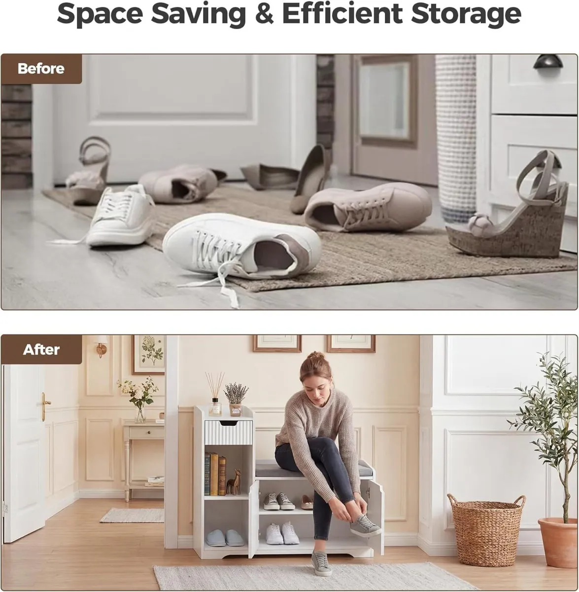 Storage Bench White Shoes Cabinet 3 Space for - Image 4