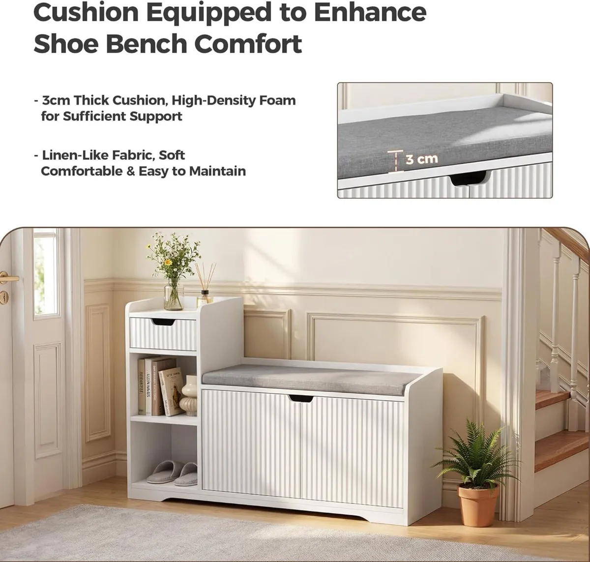 Storage Bench White Shoes Cabinet 3 Space for - Image 3