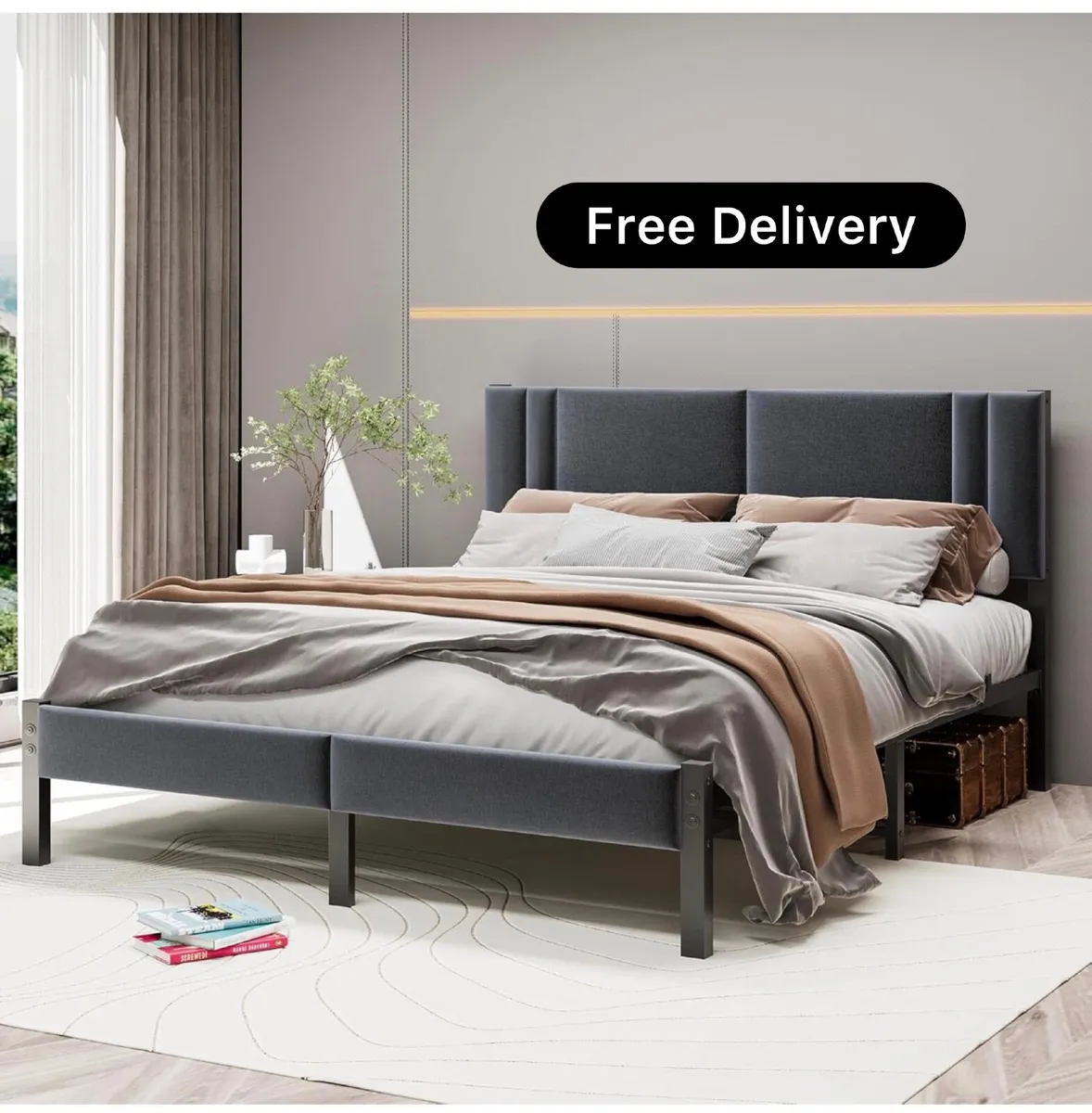 King Size Bed Frame Upholstered Platform with Head - Image 1