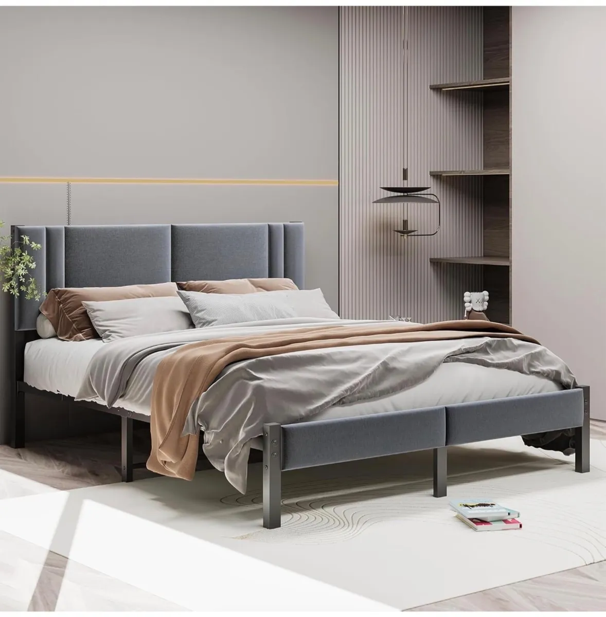 King Size Bed Frame Upholstered Platform with Head - Image 1