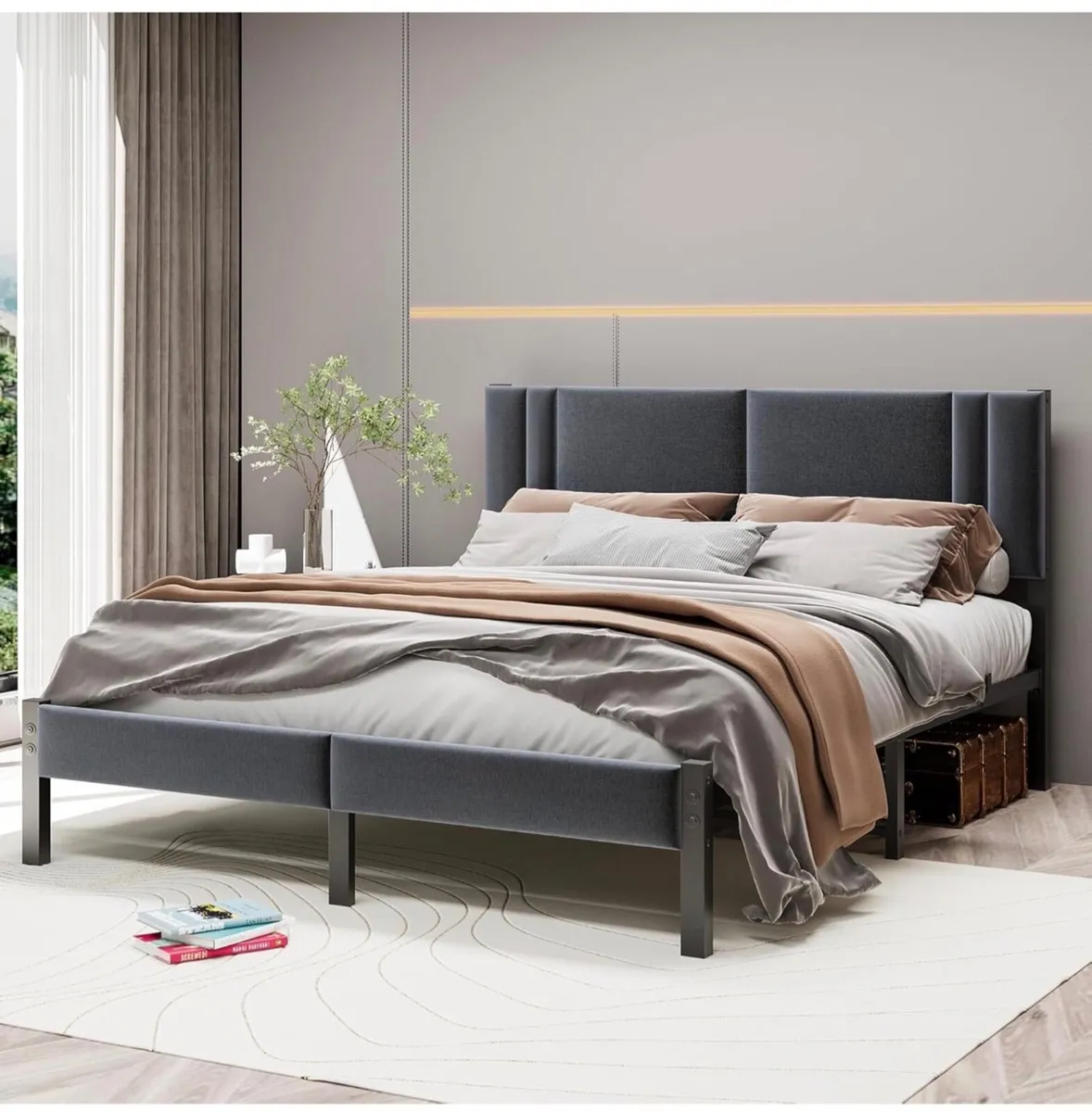 King Size Bed Frame Upholstered Platform with Head - Image 2