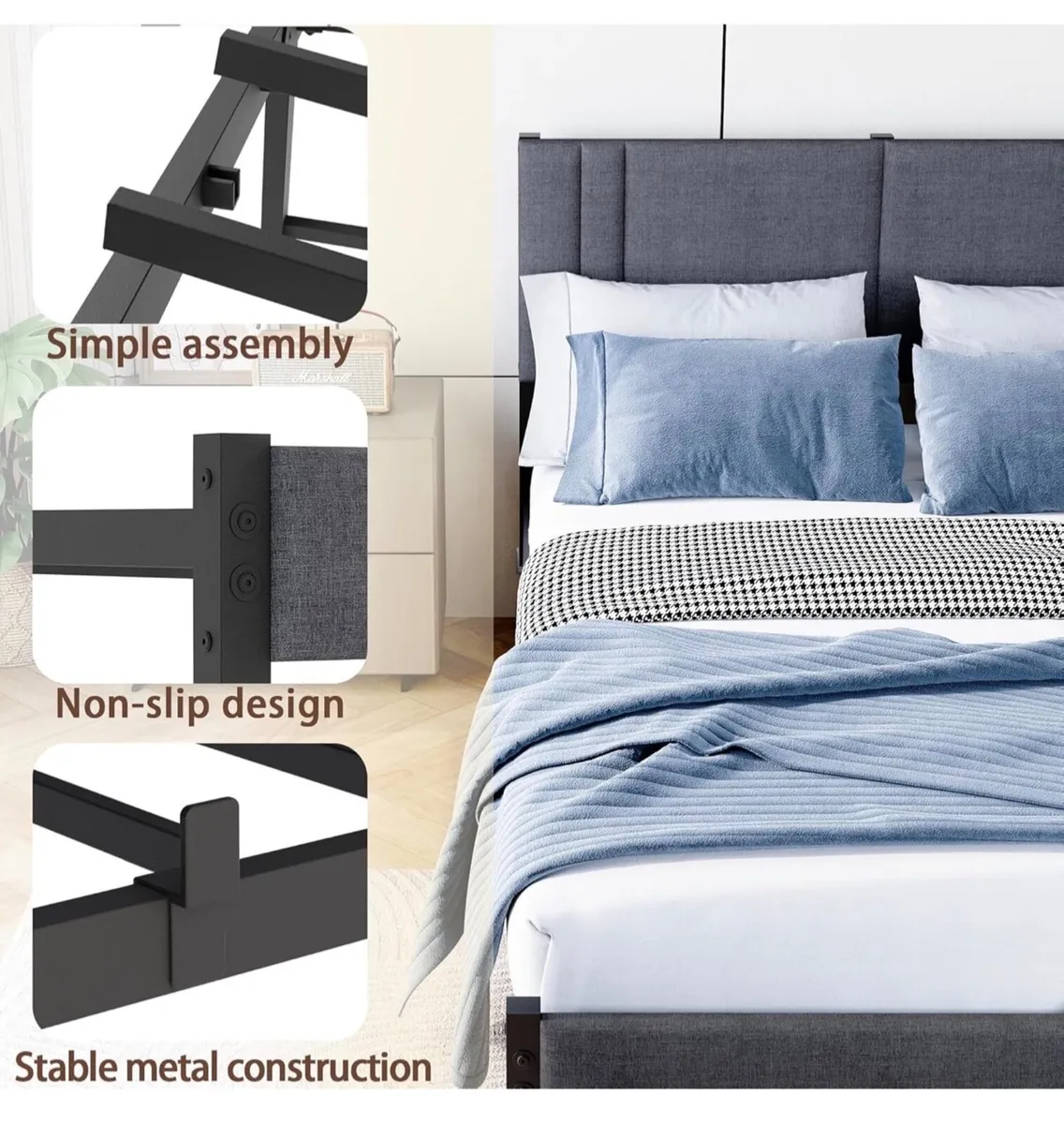 King Size Bed Frame Upholstered Platform with Head - Image 4