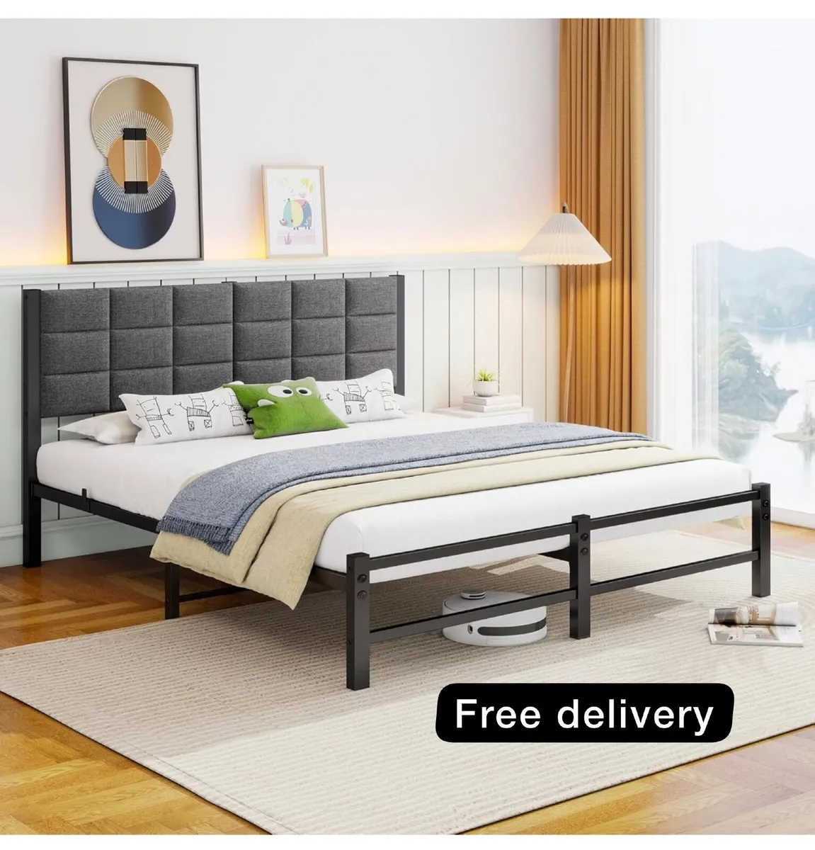 King Size Bed Frame Upholstered Platform Bed with - Image 1