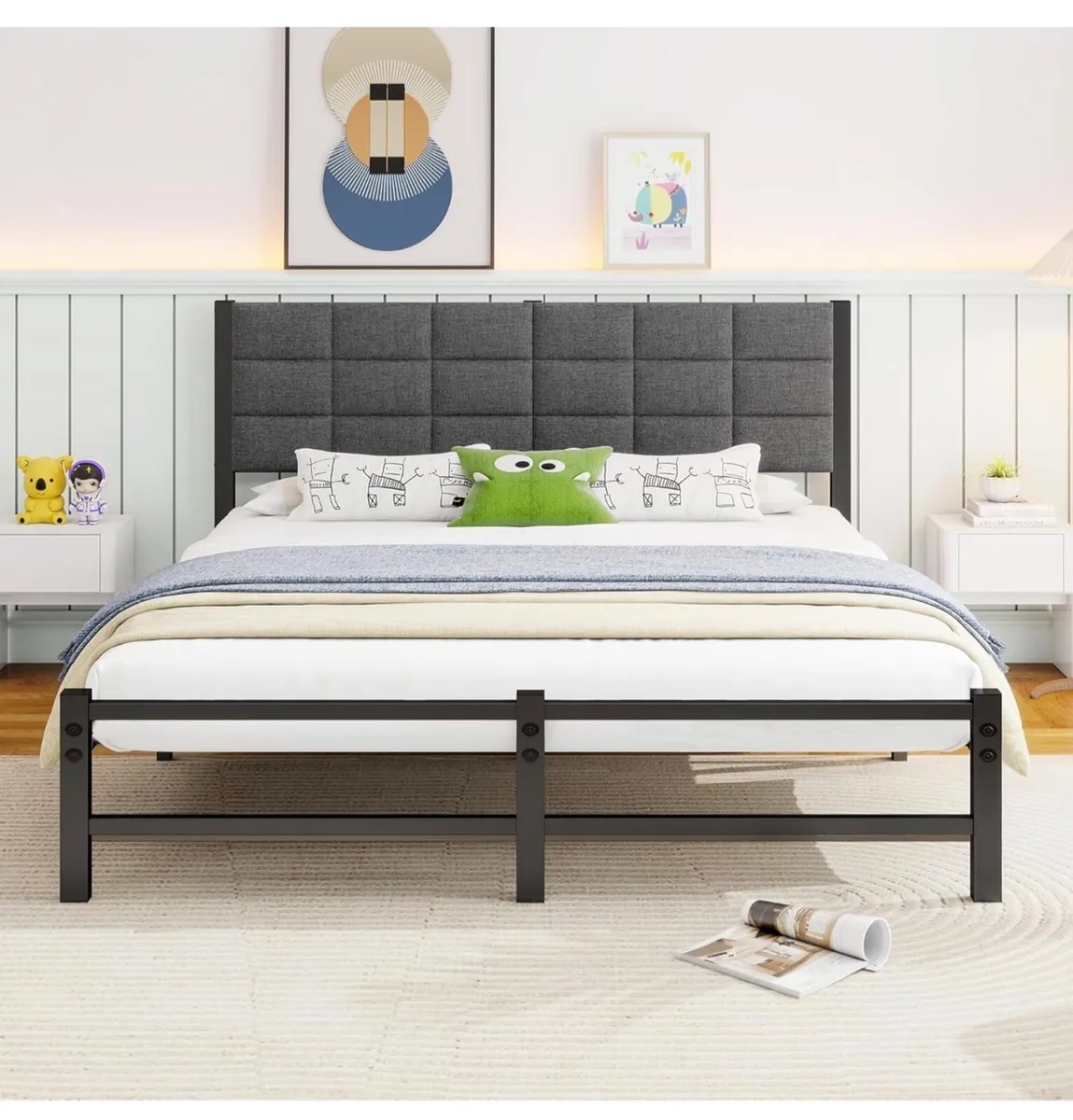 King Size Bed Frame Upholstered Platform Bed with - Image 1