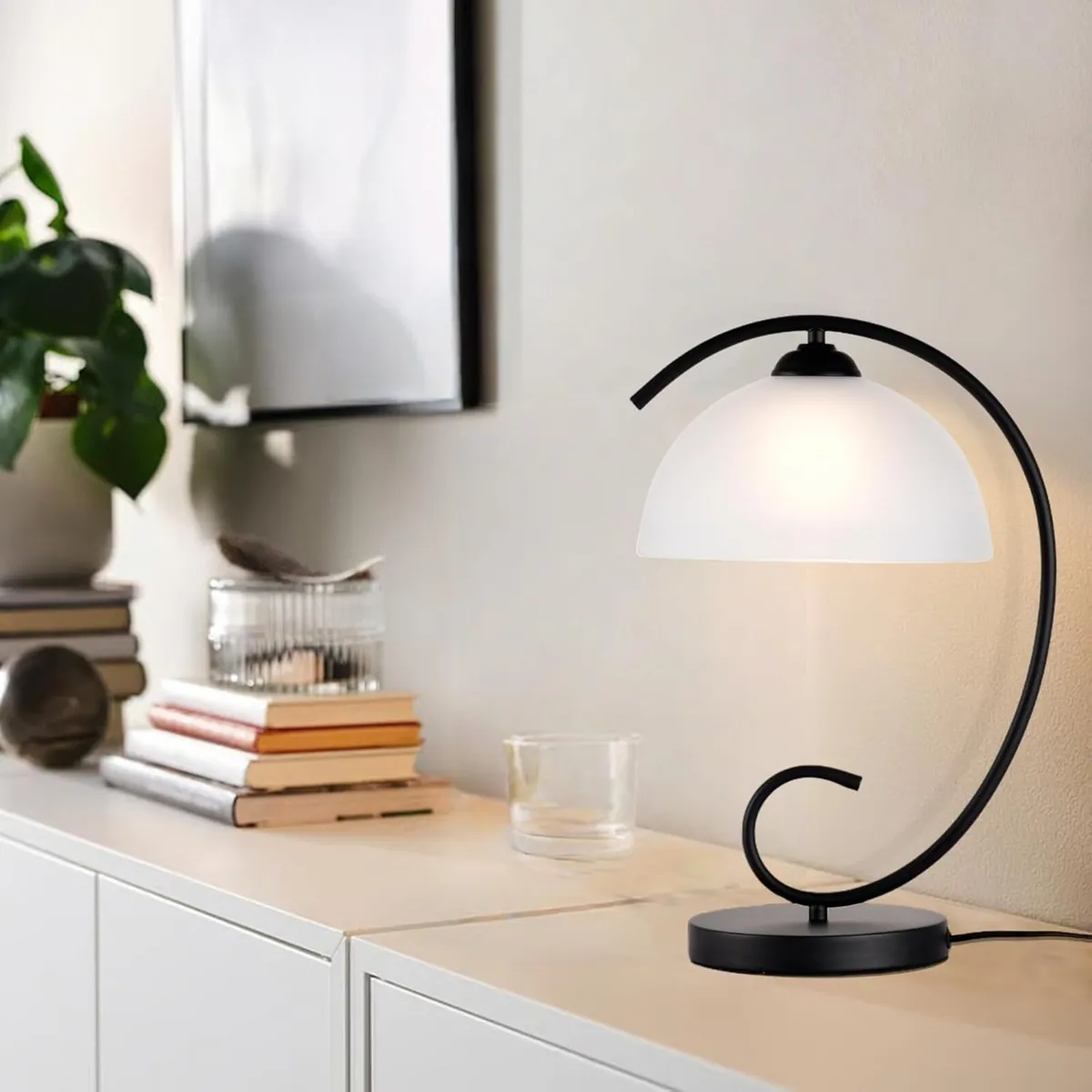 Black Table Lamp with Glass Shade Vintage Metal - Image 3