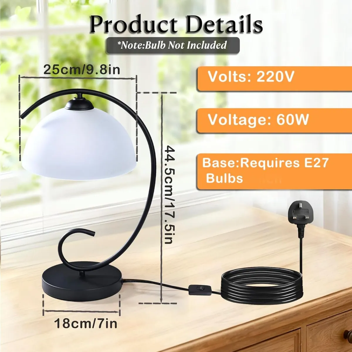 Black Table Lamp with Glass Shade Vintage Metal - Image 4