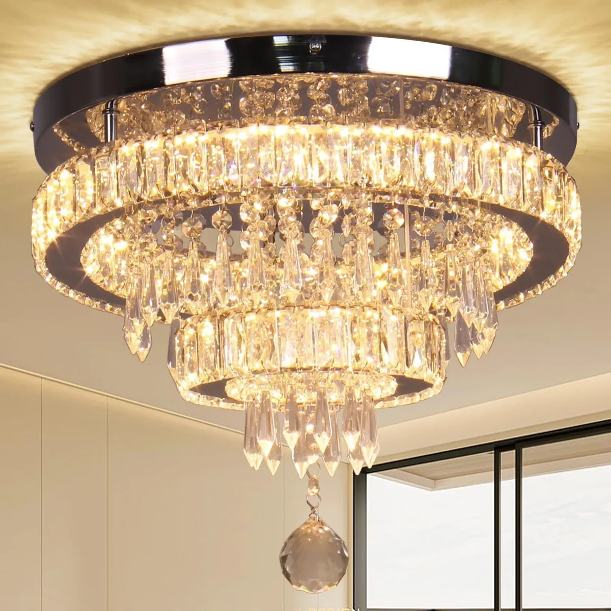 16 Crystal Chandelier 2 Rings Ceiling Light - Image 1