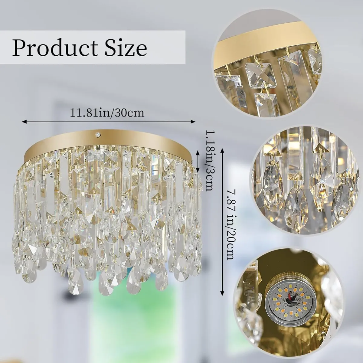 30cm Gold Crystal Flush Mount Ceiling Light - Image 2