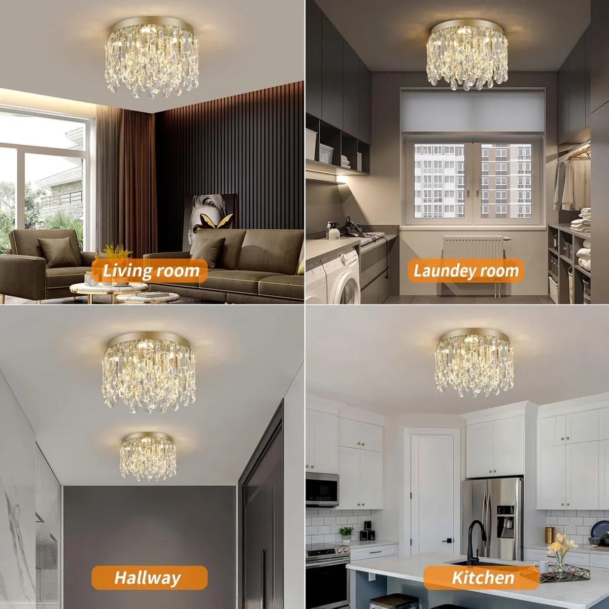 30cm Gold Crystal Flush Mount Ceiling Light - Image 3