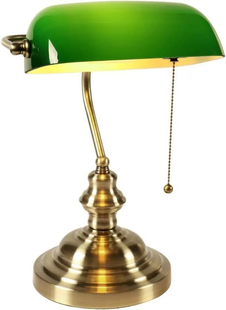 Green Glass Bankers Desk Lamp with Pull Chain - Image 1