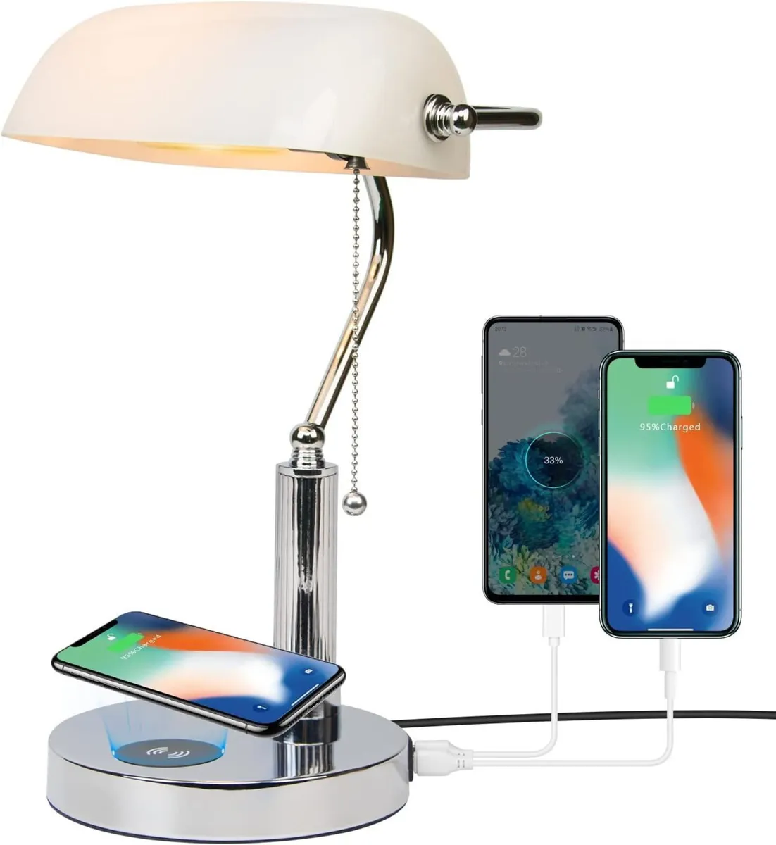 White Glass Banker Desk Lamp with Wireless - Image 1