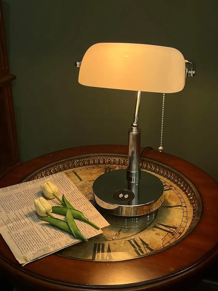 White Glass Banker Desk Lamp with Wireless - Image 3