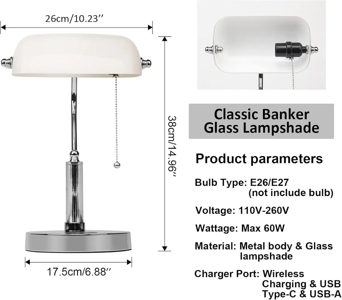 White Glass Banker Desk Lamp with Wireless - Image 4