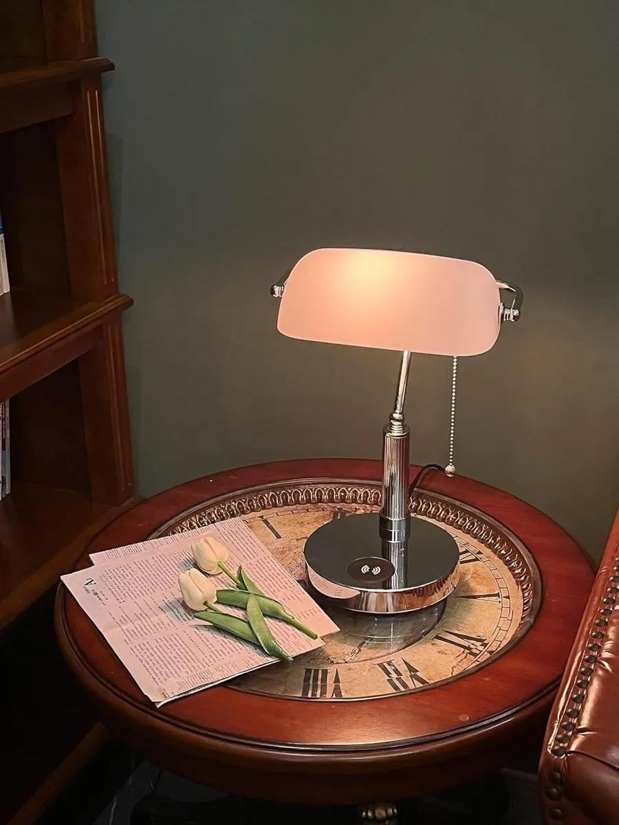 White Glass Banker Desk Lamp with Wireless - Image 2