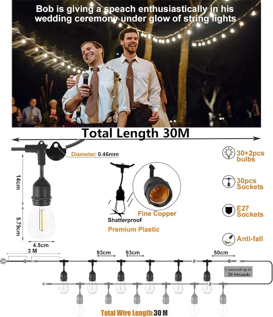 Outdoor String Lights LED Mains 30 Meters Festoon - Image 2