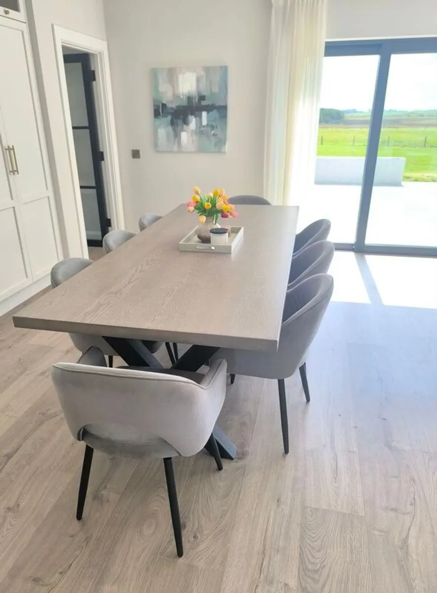 Grey velvet swivel dining chairs - Image 1