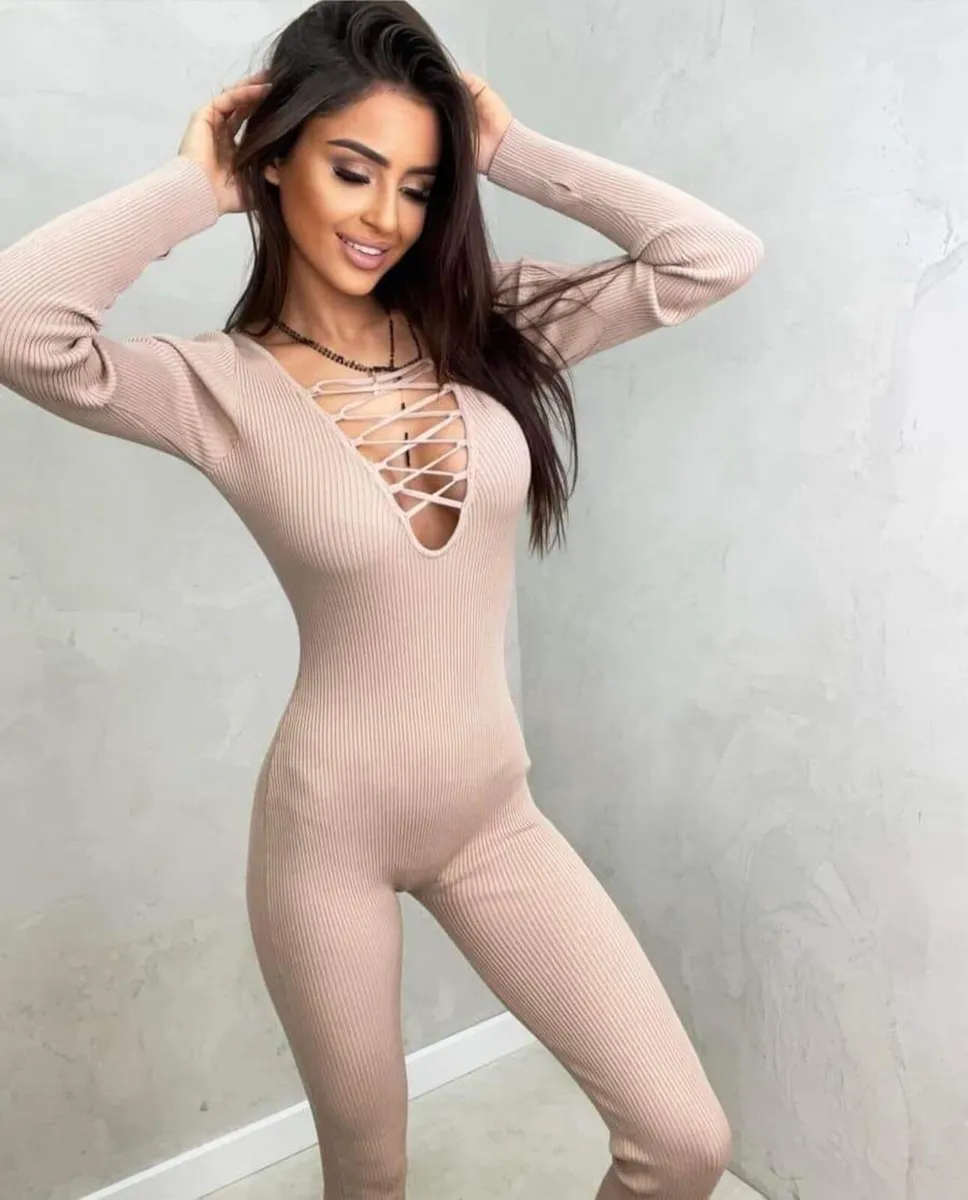Beige shaping jumpsuit, striped - Image 1