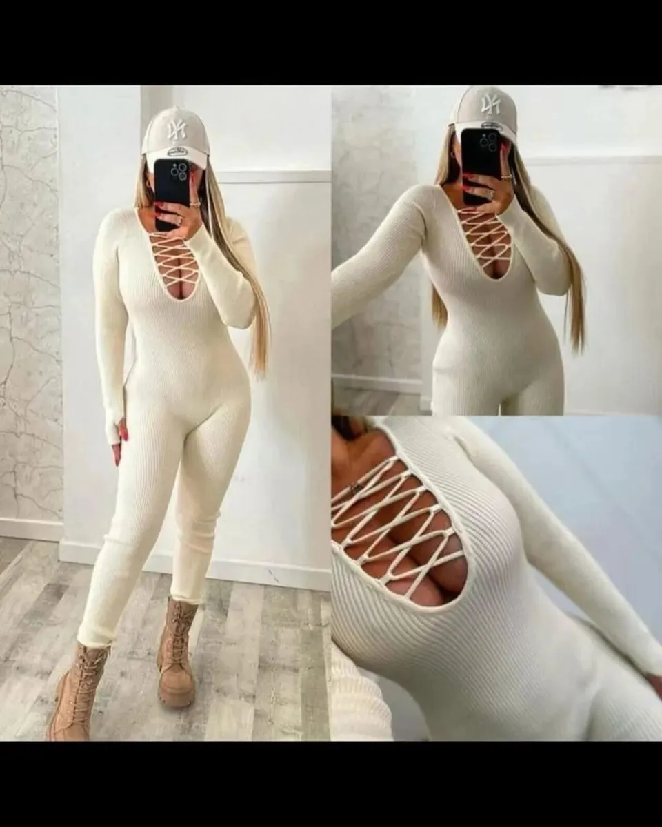 Beige shaping jumpsuit, striped - Image 1