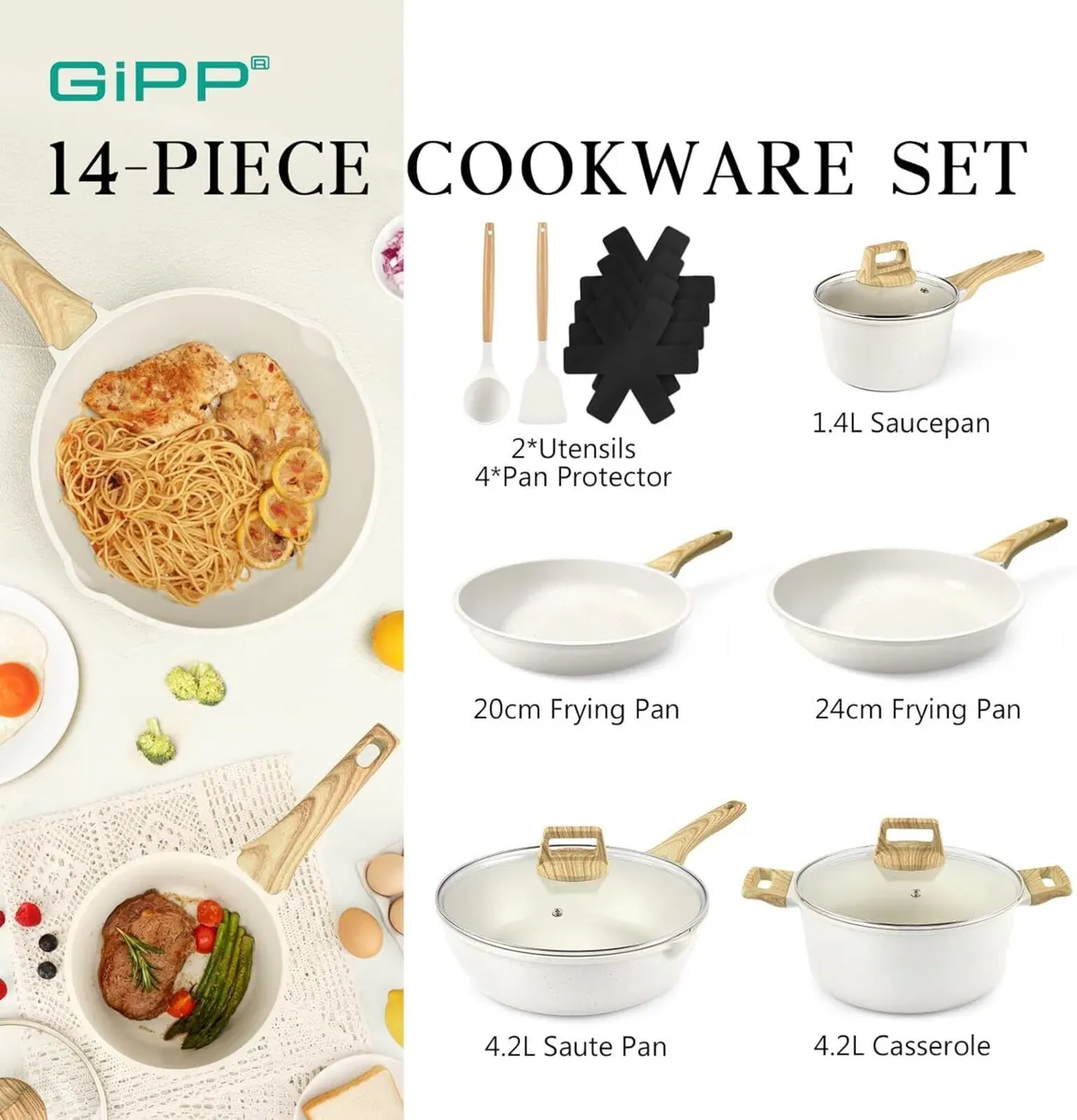 Pots and Pans Set Non Stick - 14 Piece White - Image 3