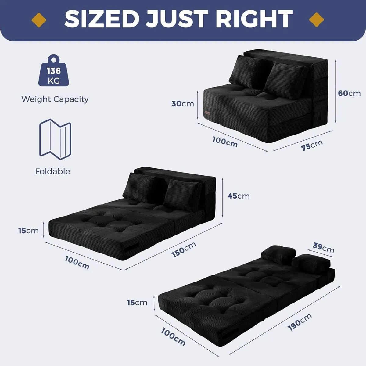 Folding Foam Sofa Bed Tri-Fold Mattress with 2 - Image 2