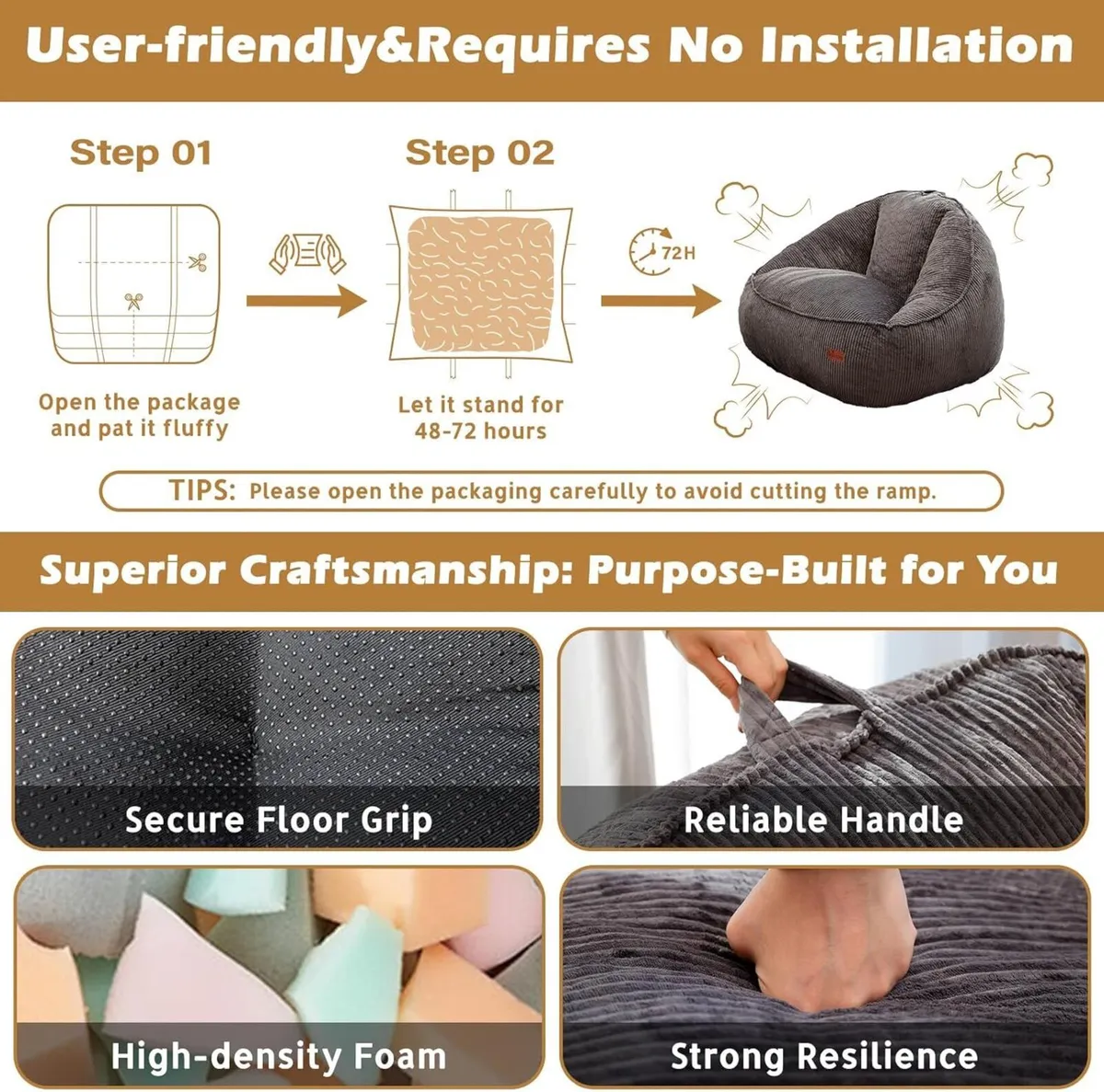 Bean Bag Chair for Teens Kids Corduroy Sofa with - Image 4