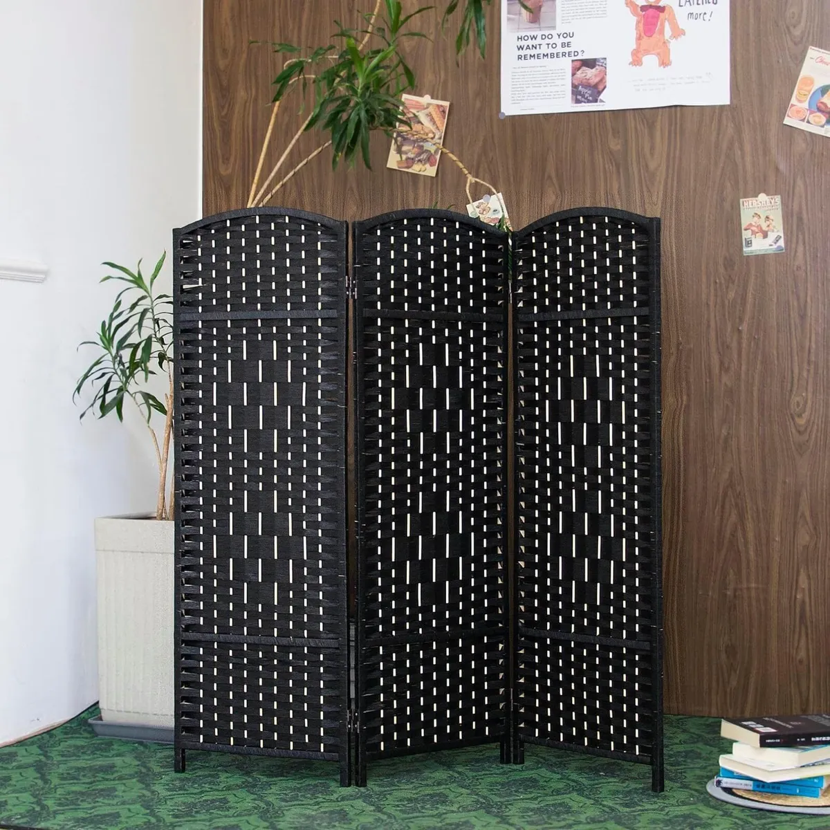 3 Panel Black Rattan Divider Short Room Partition - Image 1