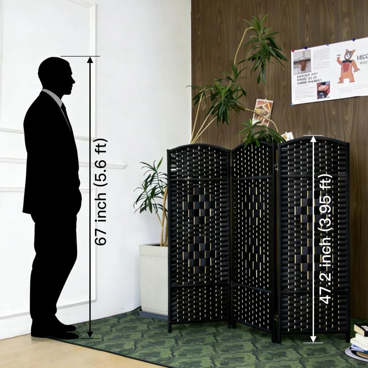 3 Panel Black Rattan Divider Short Room Partition - Image 2