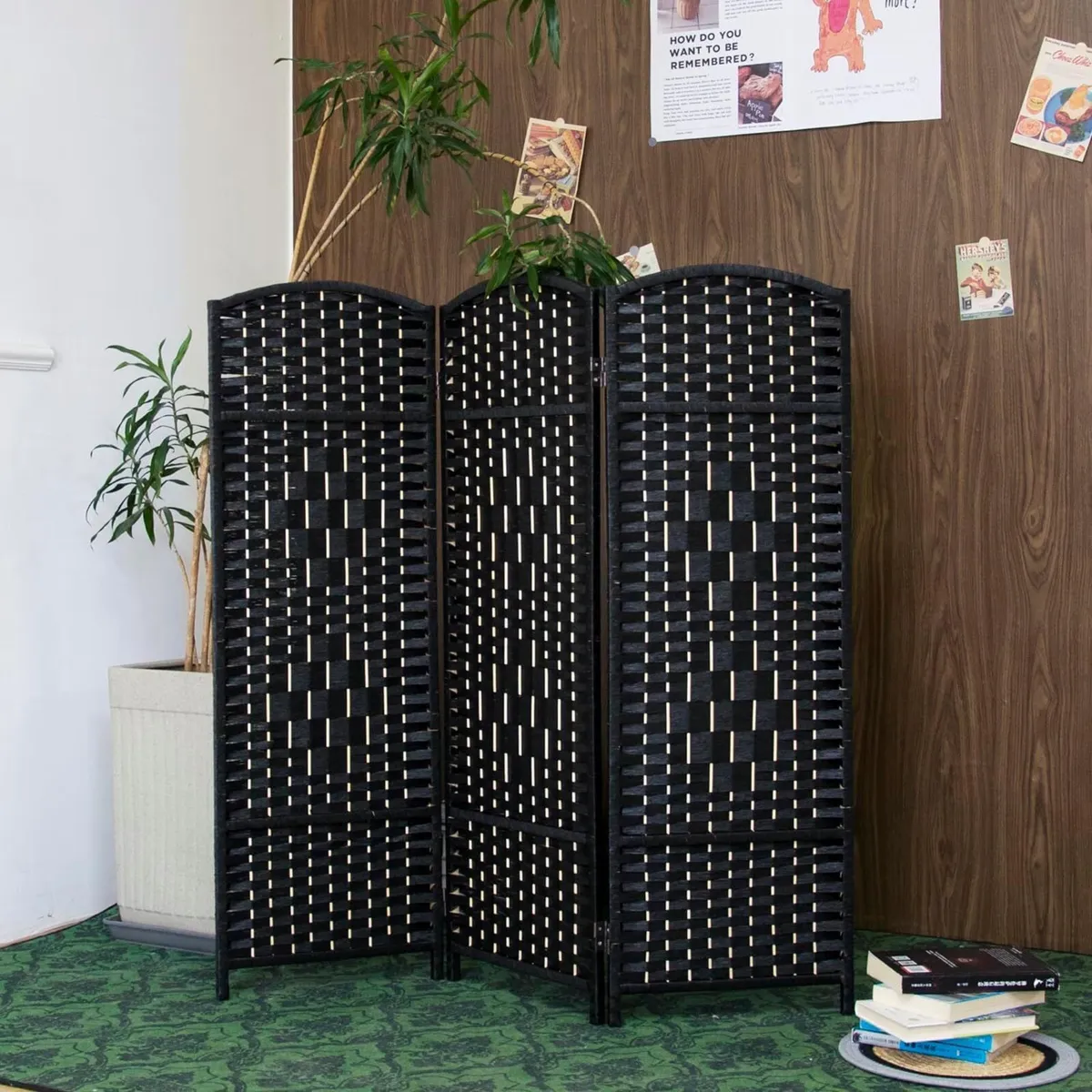 3 Panel Black Rattan Divider Short Room Partition - Image 3