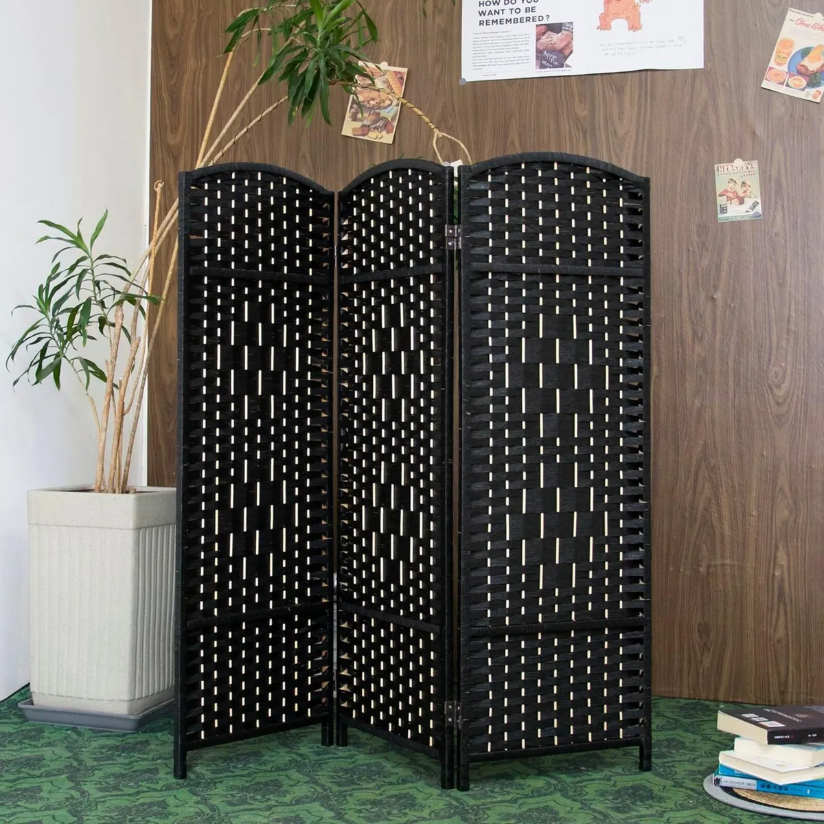 3 Panel Black Rattan Divider Short Room Partition - Image 4