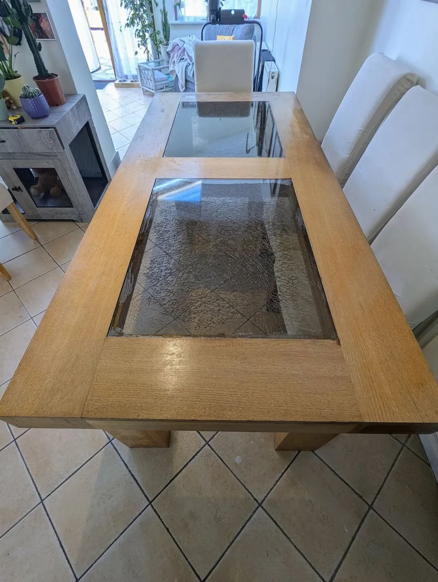 Solid Oak Dining Table with Glass Insets + chairs - Image 2