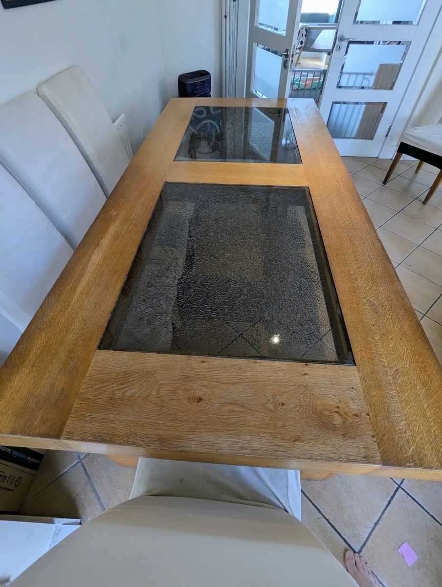 Solid Oak Dining Table with Glass Insets + chairs - Image 3