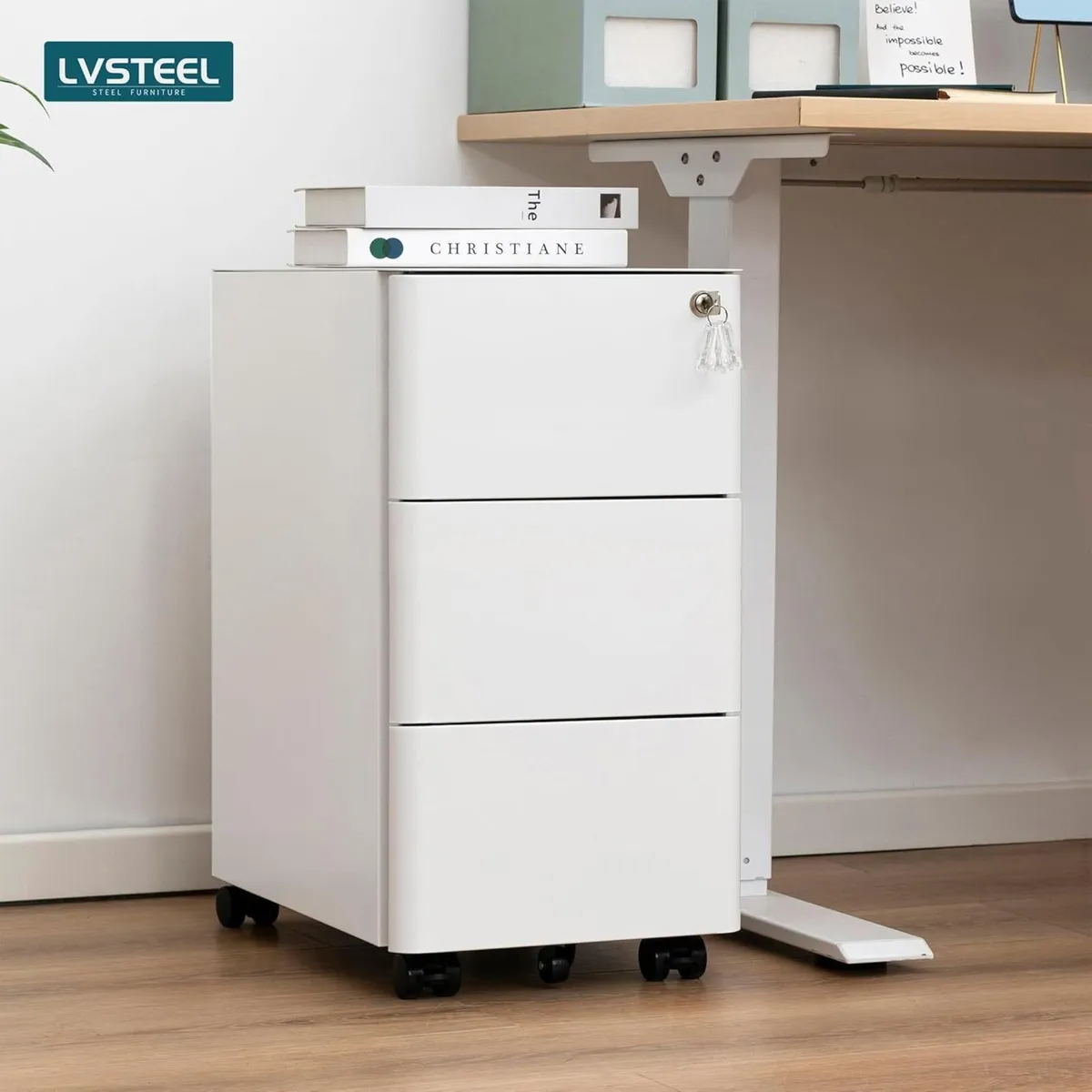 Lockable 3-Drawer Metal Filing Cabinet on Wheels - Image 2